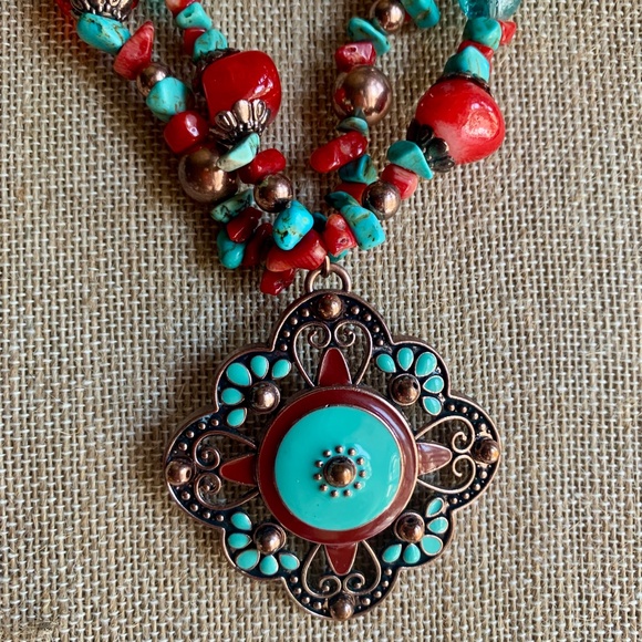 Gem & Enamel Pendant Necklace & Earring Set - Festival Wear Hippie - Boho Set - Picture 2 of 14